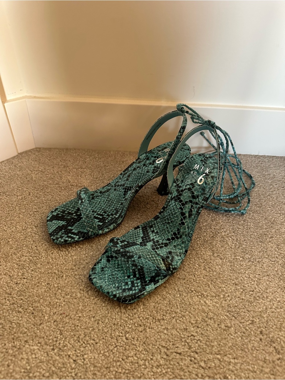 Blue Snake-Print Lace-Up Women's Heeled Sandals - Picture 4 of 8